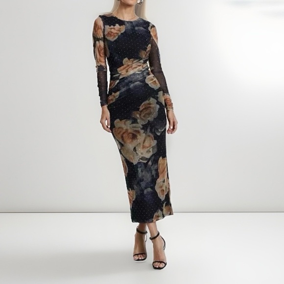 Quiz Dresses & Skirts - Quiz Gothic Dark Floral Midi Dress NEW Size 10 Ruched Sheer Sparkle Brown Black